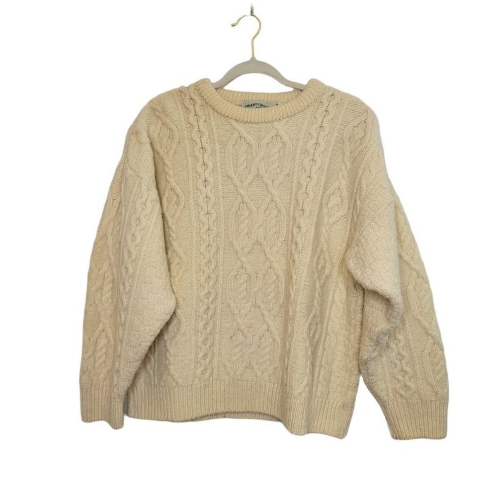 Aran Crafts Cable Knit Wool Sweater Beige Womens Size Medium Fisherman Pullover